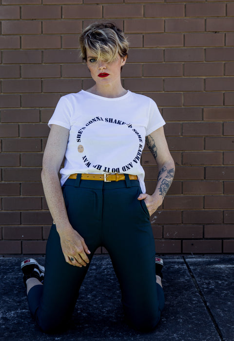 model wearing a graphic tee
